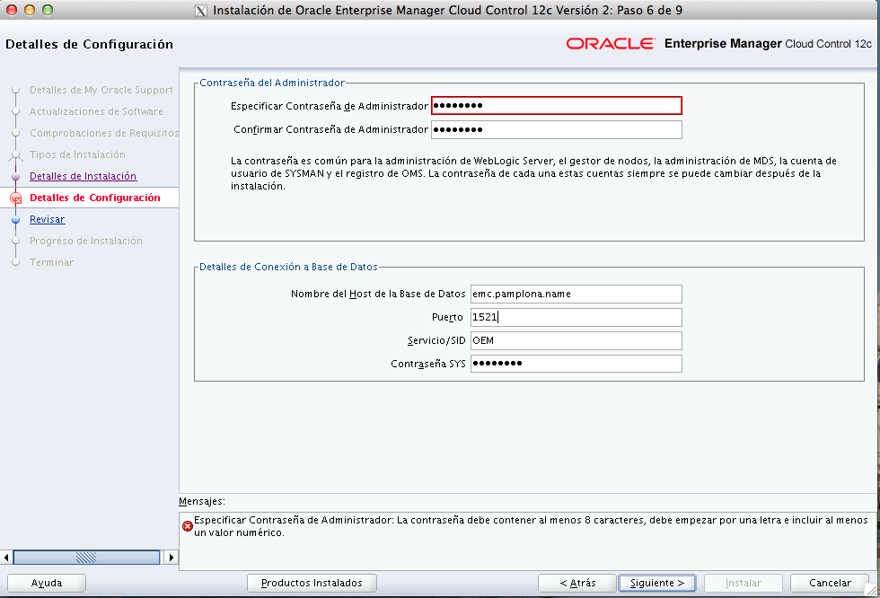 password e instancia